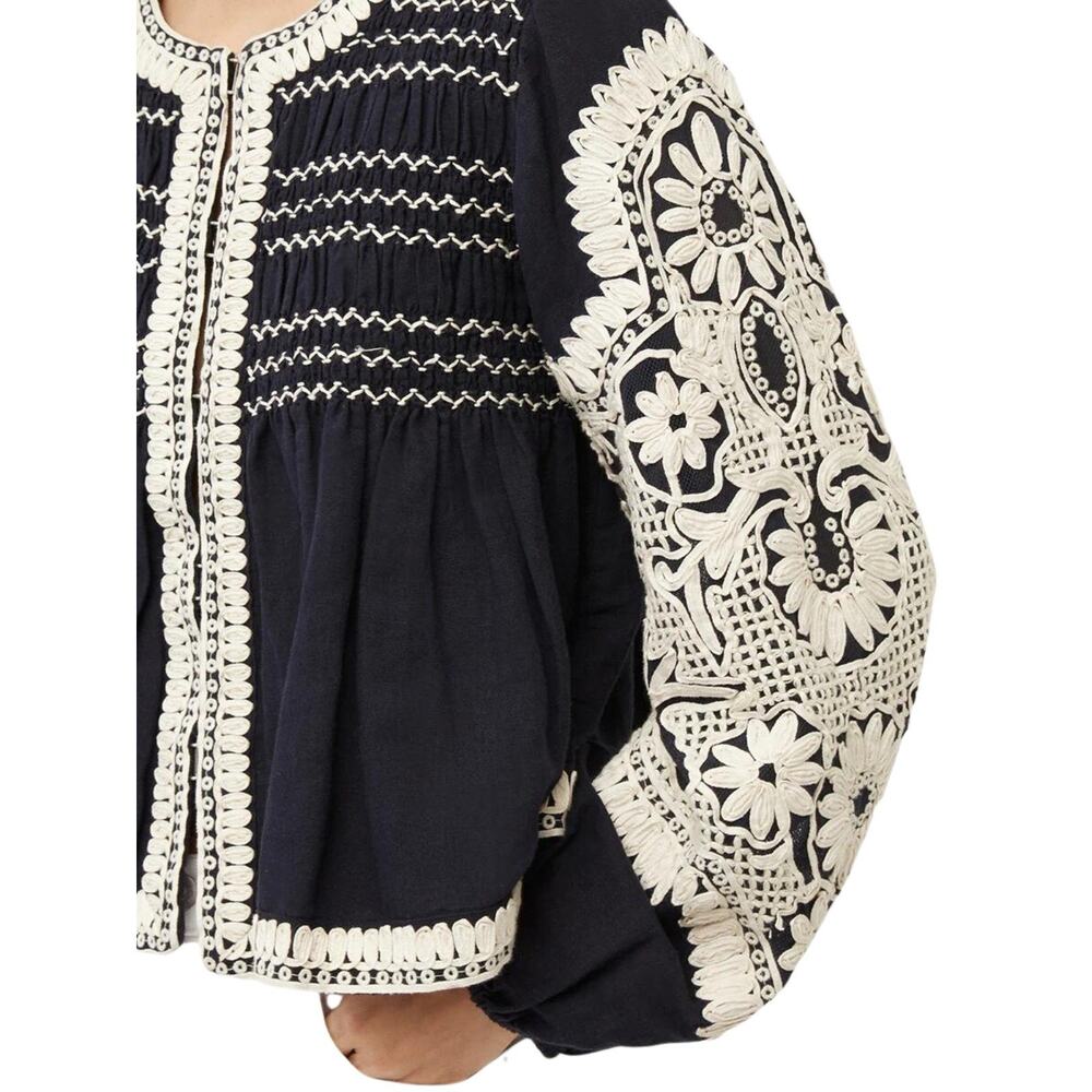 Veronica Beard womens navy/off white Dorian embroidered linen blend jacket NWT S - Picture 3 of 13